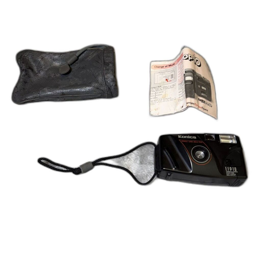 Vintage Konica EFP-10 35mm Point & Shoot Film Camera Flash Case Manual Black